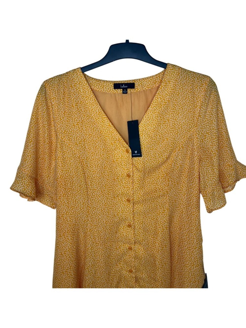 Lulus Castana Mustard Yellow Button-Up Dress With Ruffle Sleeves & Tie Back XL - Picture 10 of 16
